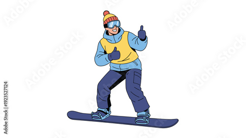 Cheerful male snowboarder in blue winter clothing giving a double thumbs up gesture while riding on his board in the snowy mountains.