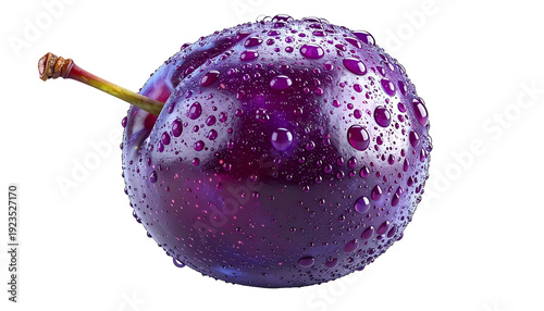 A single, dewy, ripe, purple stone fruit with stem, isolated on black