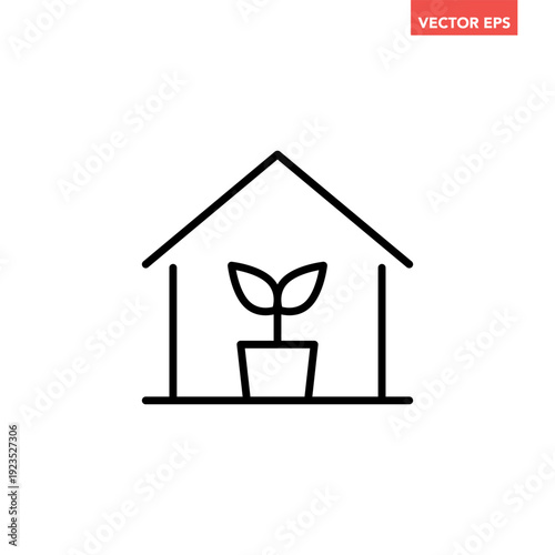 Black single greenhouse with potted plant line icon, simple plant cultivation flat design vector pictogram, infographic interface elements for app logo web button ui ux isolated on white background