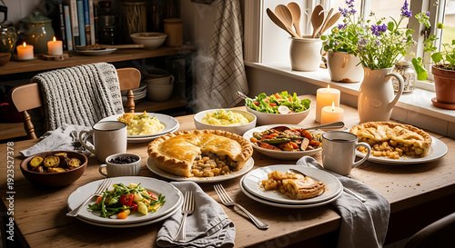 Heartwarming homemade feast laid out on a rustic wooden table, ready for a cozy family gathering.