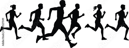 Running men and women silhouettes set, jogging fitness athletes in motion isolated on white background vector illustration