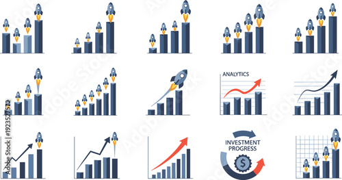Business startup rocket launch icon set with financial investment growth charts rising bars and success progress for corporate marketing and finance