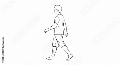 A sketch of a person walking outdoors barefoot in casual attire