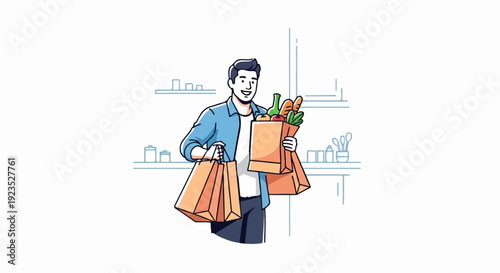 A smiling person carries grocery bags filled with fresh food items