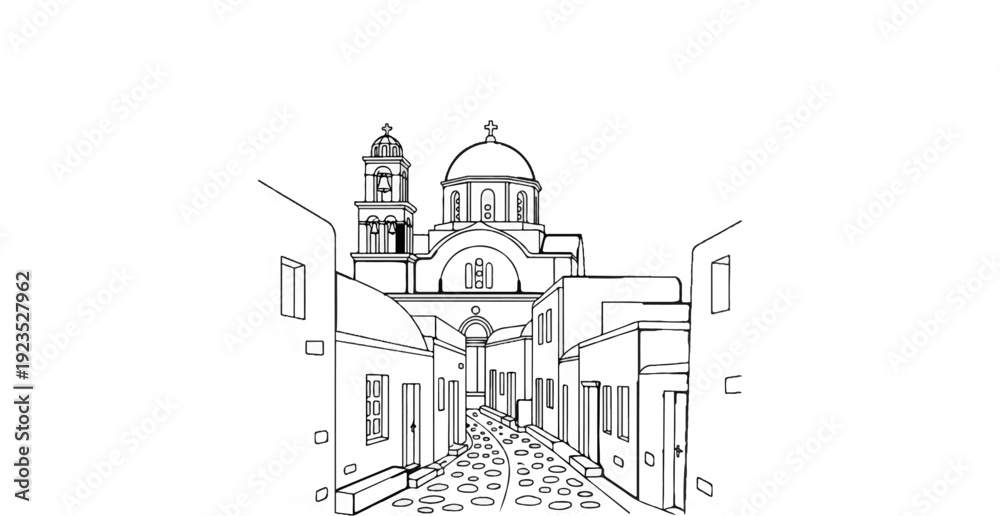 Obraz premium A sketch of a Mediterranean village street leading to a domed church