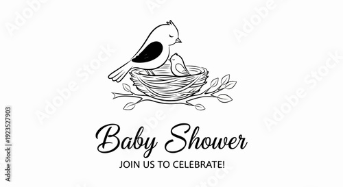 A charming illustration of birds in a nest announces a baby shower celebration