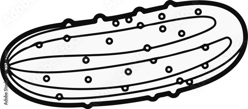 A stylized black and white outline drawing of a pickle with bumps and dots