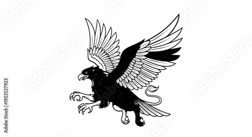 A black and white illustration of a griffin in mid-flight, ready to pounce