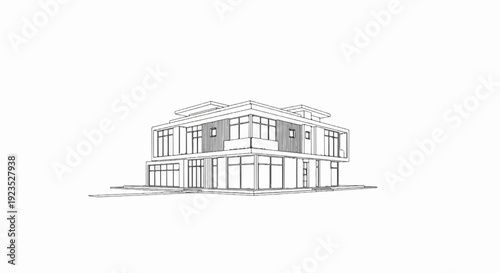 A sketch of a modern, multi-story building with large windows and clean lines