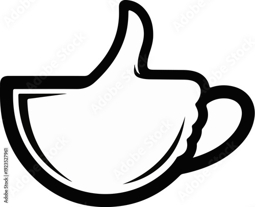 A stylized black and white outline of a coffee mug shaped like a thumb up