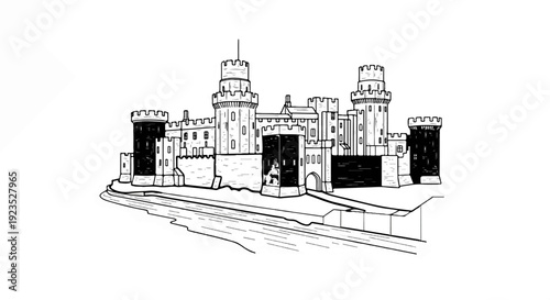 A black and white illustration of a grand castle with multiple towers and a moat