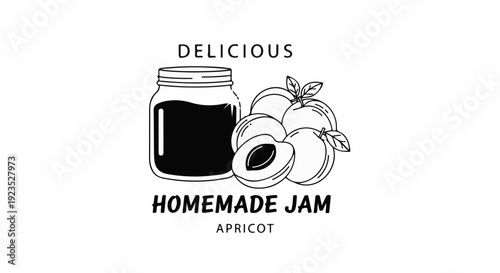 A black and white illustration of a jar of dark jam next to fresh apricots