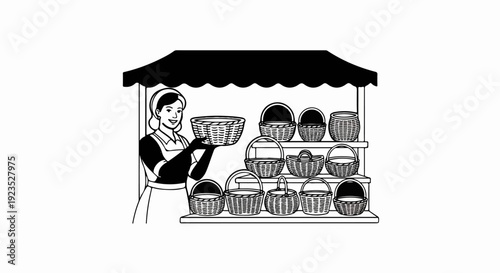 A smiling vendor displays woven baskets at a market stall