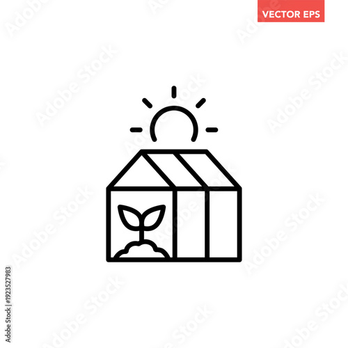Black single greenhouse line icon, simple plant cultivation flat design vector pictogram, infographic interface elements for app logo web button ui ux isolated on white background