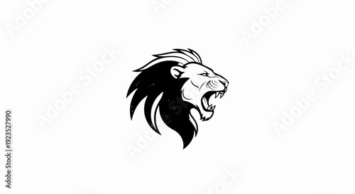 A black and white illustration of a lion's head roaring aggressively