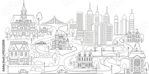 A charming line art depiction of a cityscape with winding roads and various architectural styles