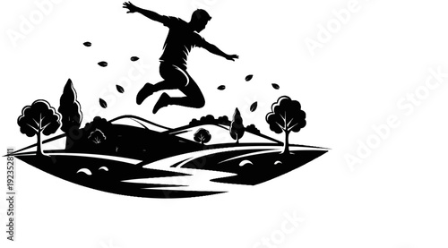 A silhouetted figure leaps joyfully over a scenic landscape with trees