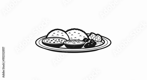 A black and white illustration of a plate with rice, dip, and small food items
