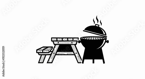 A black and white illustration of a picnic table and a barbeque grill
