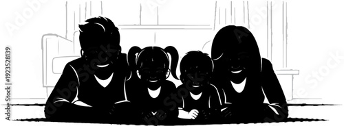 A silhouetted family of four, including two children, sits together indoors