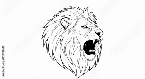 A black and white illustration of a roaring lion with a full mane