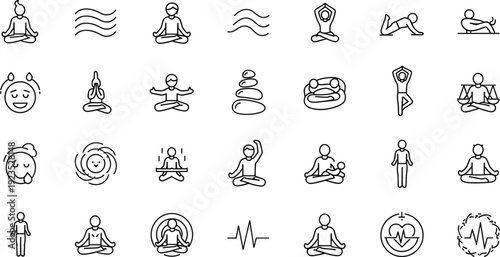 Mental health and wellness line icon set with people practicing yoga meditation mindfulness emotional balance stress relief and holistic self care symbols