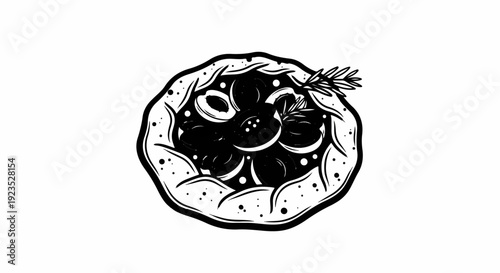 A black and white illustration of a rustic tart filled with sliced fruit and herbs