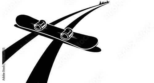 A snowboard rests on a winding path with distant trees