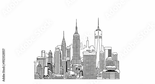 A stylized black and white sketch of a city skyline, featuring various tall buildings