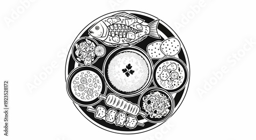 A black and white illustration of a round platter of various foods and dishes