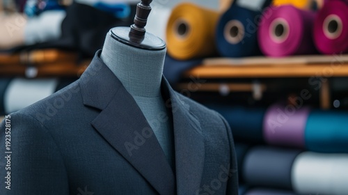 Elegant suit jacket displayed on mannequin in a tailor's workshop, with various colorful fabric rolls arranged on shelves in the background, showcasing the process of bespoke tailoring