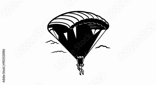 A black and white illustration of a skydiver descending under a large parachute