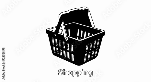 A black and white illustration of a shopping basket with a handle