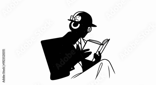 A silhouette of a figure in a hat and glasses reading a book