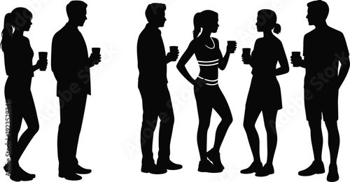 Silhouettes of diverse people holding cups, casual social gathering vector illustration, lifestyle design art composition for stock marketplace discoverability