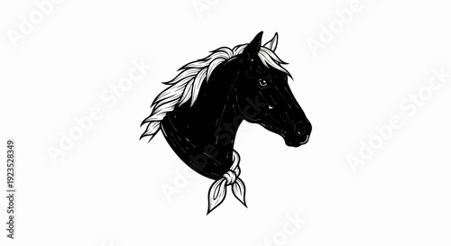 A stylized black horse head with a white mane and a bandana