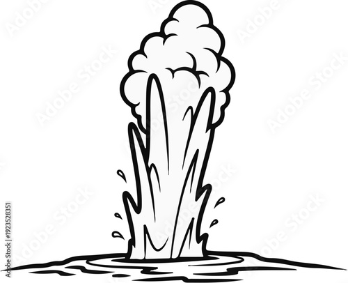 A black and white illustration of a water fountain erupting with a plume of spray