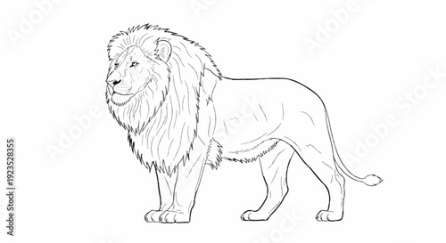 A detailed line art drawing of a majestic male lion standing