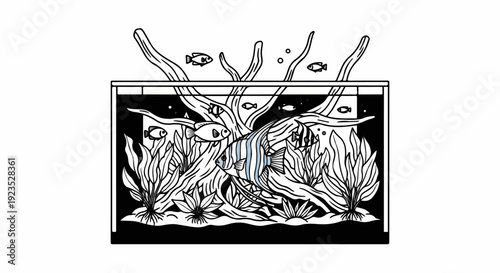 A black and white illustration of an aquarium with plants and fish