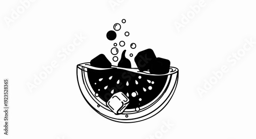 A black and white illustration of a watermelon slice with ice and bubbles