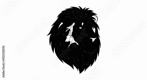 A stylized black lion's head with a flowing mane is shown against a white background