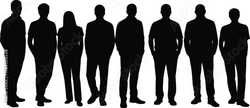 Standing people silhouettes collection, diverse men and women full body front view isolated on white background, human figures set