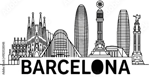 A black and white line art skyline of iconic buildings with the word Barcelona below
