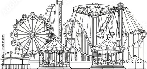 A black and white line drawing depicts a lively amusement park with rides