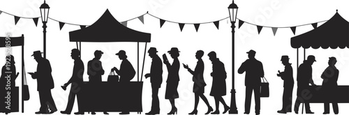 Street market silhouette scene with people shopping at outdoor stalls, urban fair crowd vector illustration isolated on white background