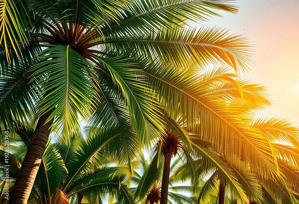 Obraz premium Lush tropical palm trees swaying gently in a sunny breeze, vacation, illustration