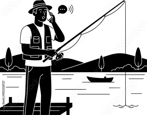 Fisherman talking on smartphone while fishing on a lake pier. Flat vector illustration of a man multitasking with technology during outdoor leisure activity.