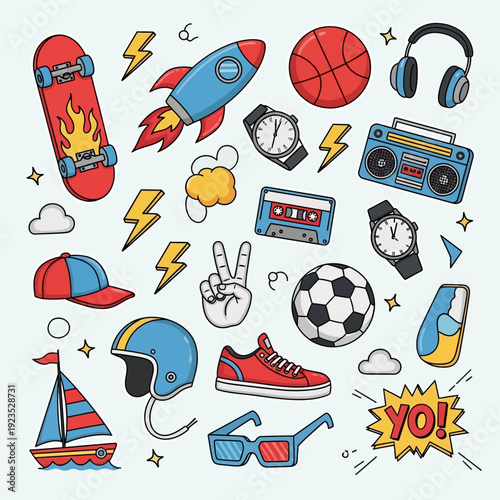 Colorful Doodle Icons Set – Skateboard, Rocket, Headphones and Urban Lifestyle Vector Illustration