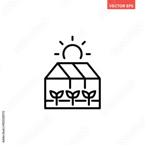 Black single greenhouse line icon, simple farming cultivation flat design vector pictogram, infographic interface elements for app logo web button ui ux isolated on white background