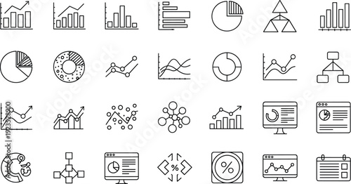 Business data analytics and financial infographic icon set featuring bar charts pie diagrams line graphs statistics and digital dashboard report vectors